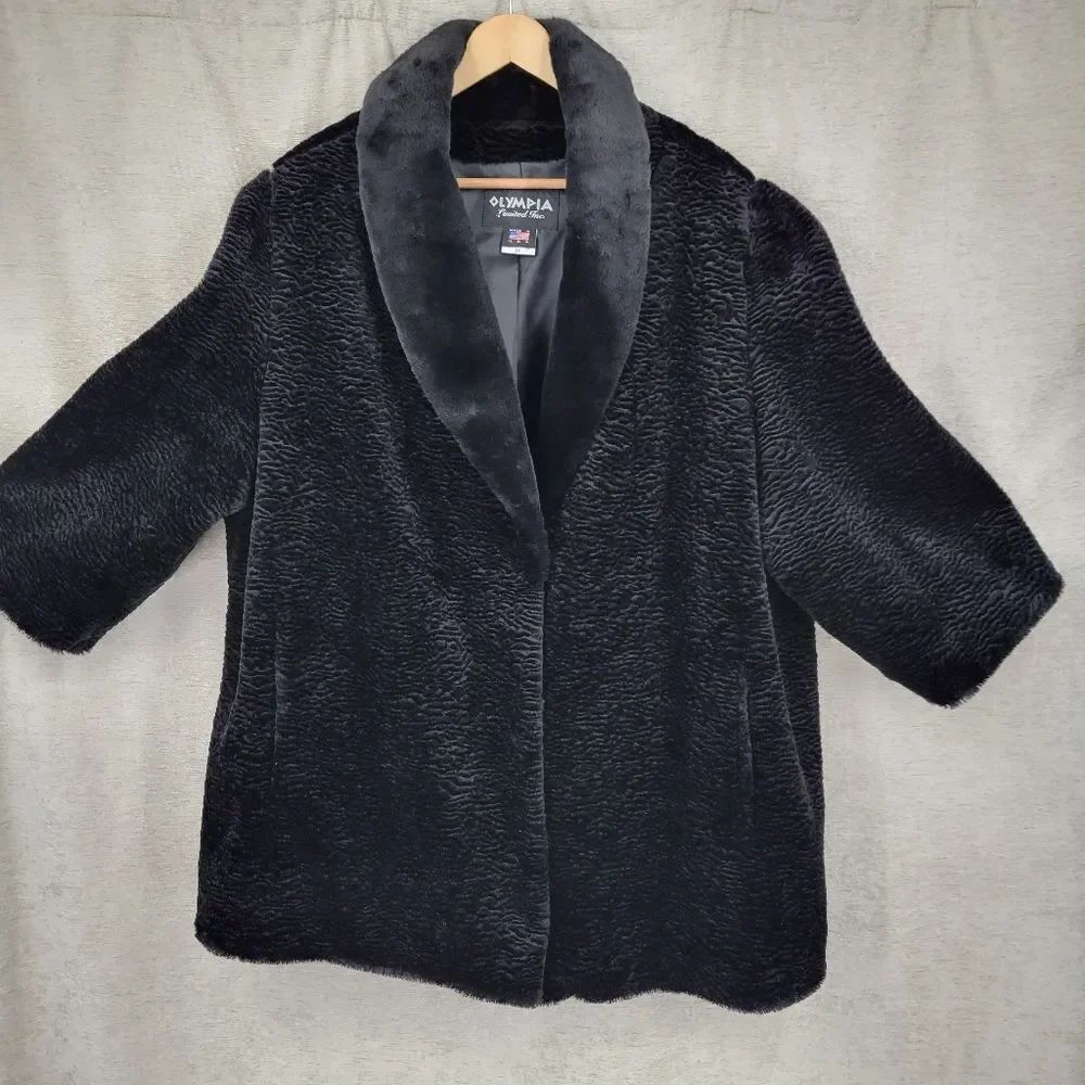 Olympia Coat Black Faux Persian Lamb Faux Fur Collar Pockets Lined Size 3X